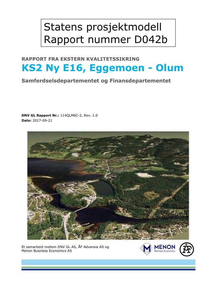 Forsiden av dokumentet Kvalitetssikringsrapport (KS2) for Ny E16, Eggemoen - Olum