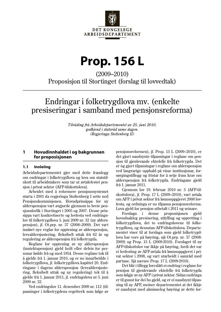 Forsiden av dokumentet Prop. 156 L (2009–2010)