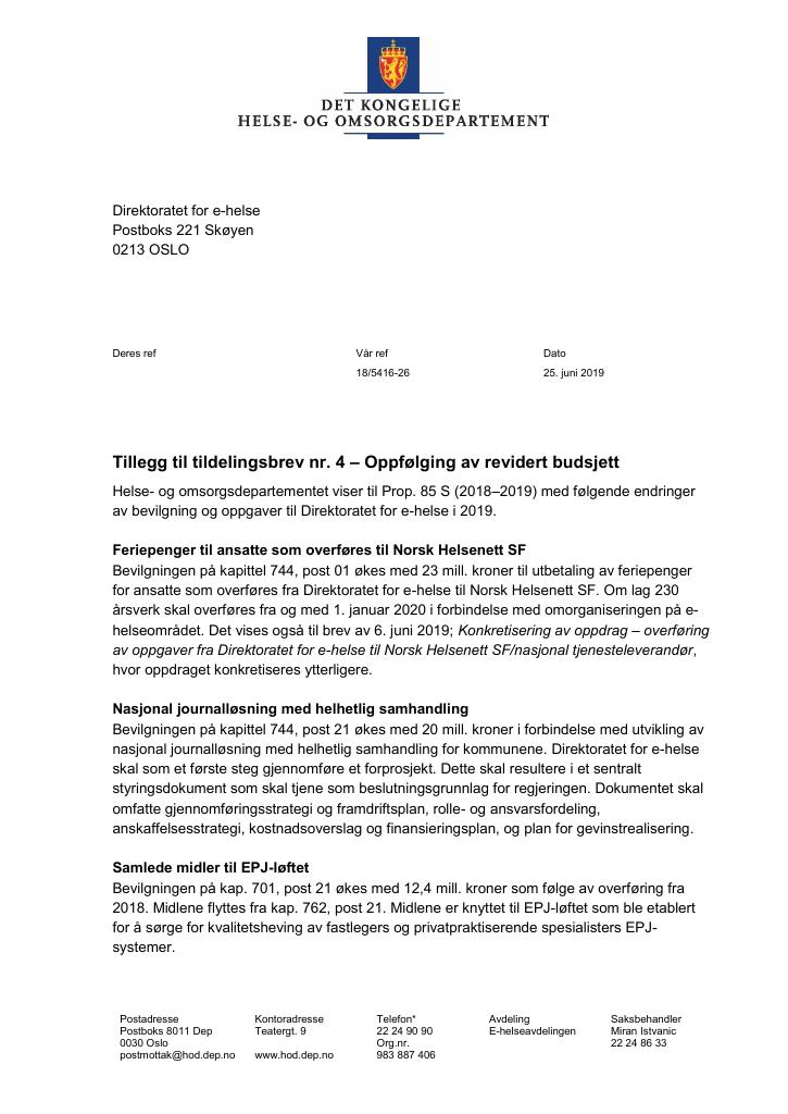 Forsiden av dokumentet Tildelingsbrev Direktoratet for e-helse 2019 - tillegg nr. 4