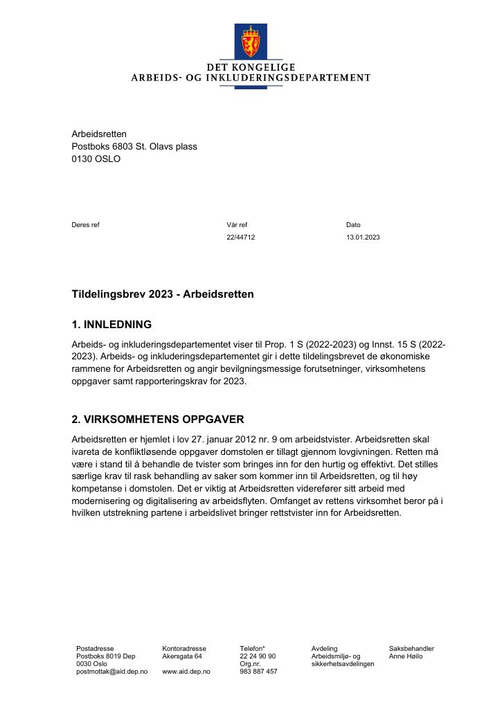 Forsiden av dokumentet Tildelingsbrev Arbeidsretten 2023