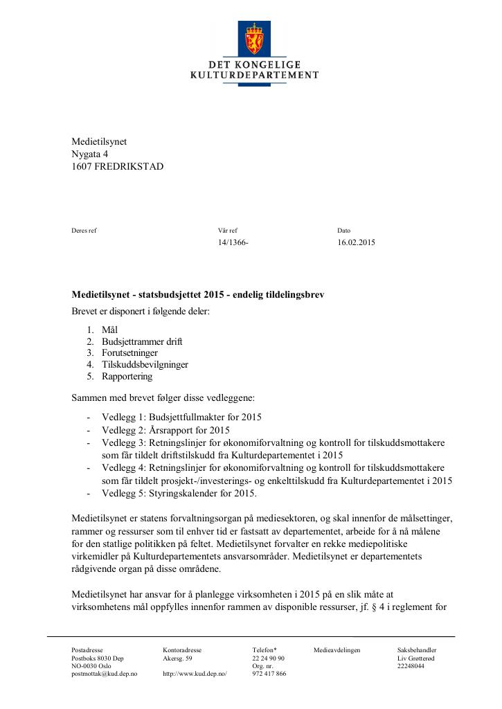 Forsiden av dokumentet Tildelingsbrev (.pdf)