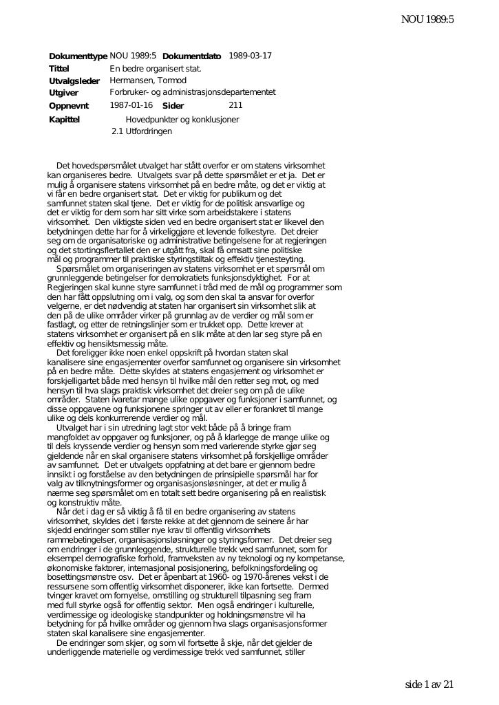 Forsiden av dokumentet NOU 1989:5 - En bedre organisert stat