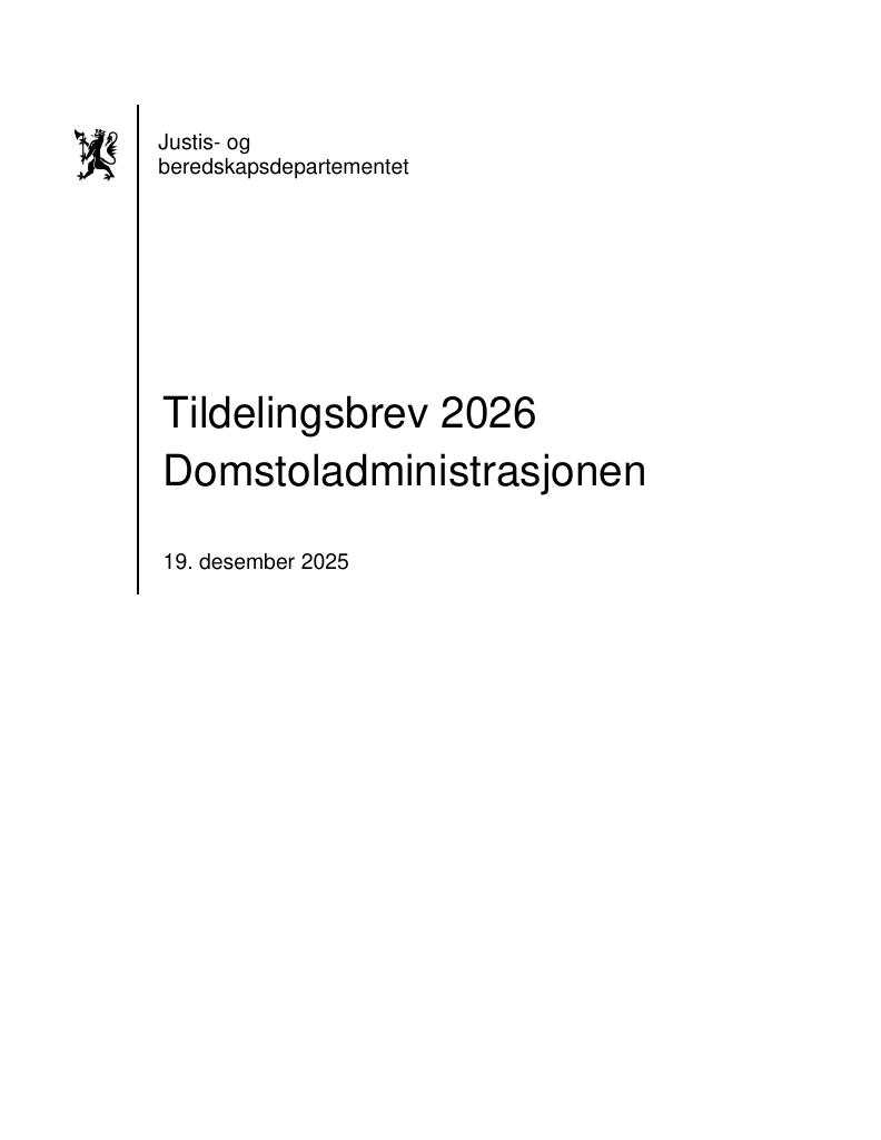 Forsiden av dokumentet Tildelingsbrev Domstoladministrasjonen 2026