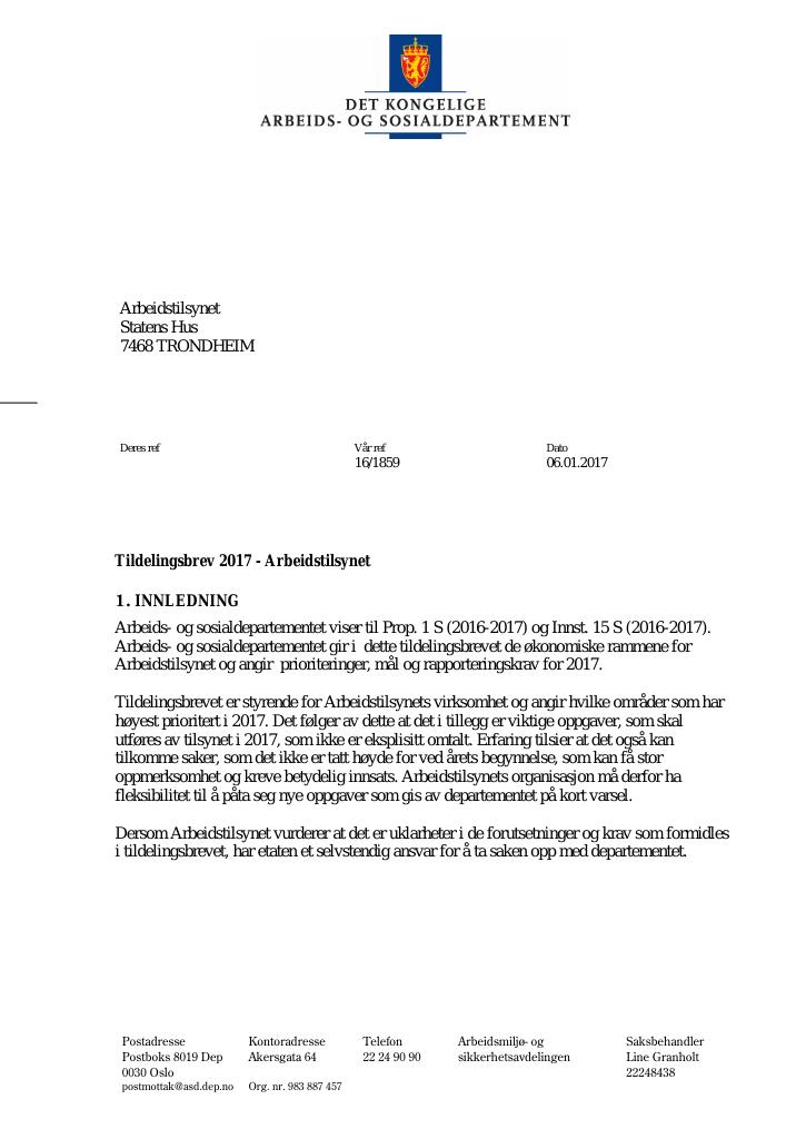 Forsiden av dokumentet Tildelingsbrev (PDF)