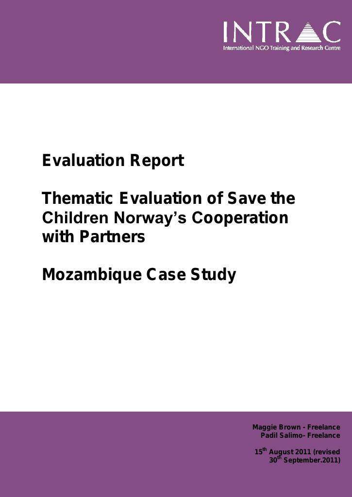 Forsiden av dokumentet Thematic Evaluation of Save the Children Norway's Cooperation with Partners – Mozambique Case Study