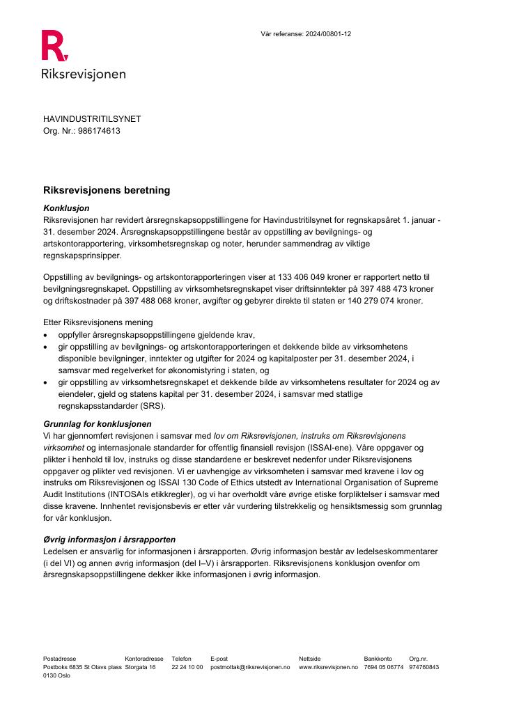 Forsiden av dokumentet Revisjonsberetning Havindustritilsynet 2024