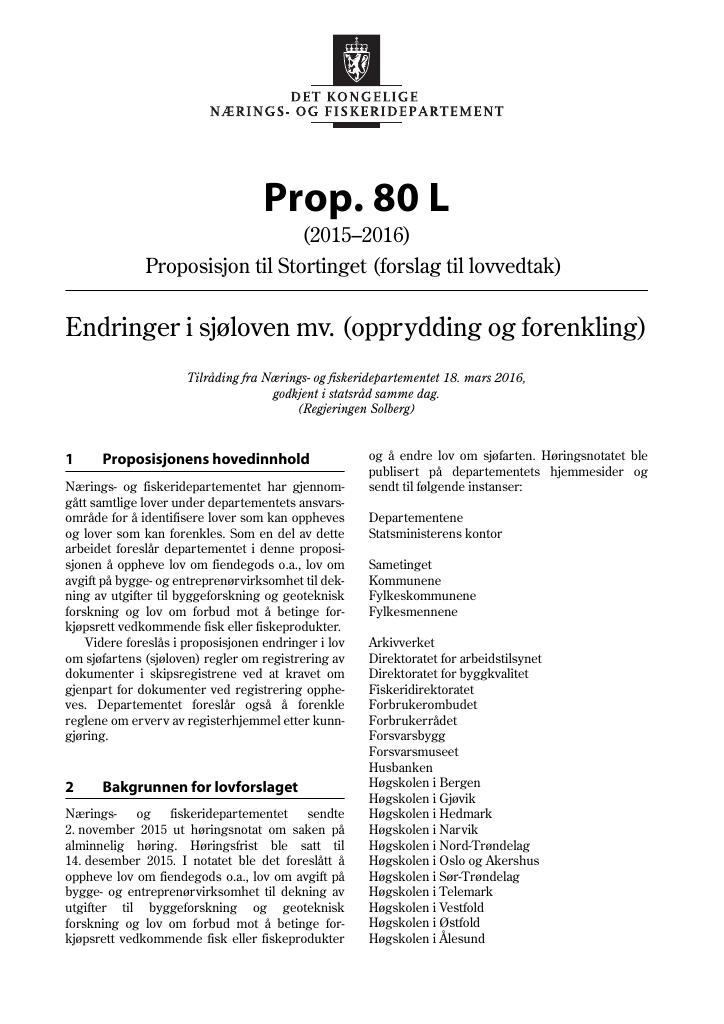 Forsiden av dokumentet Prop. 80 L (2015–2016)