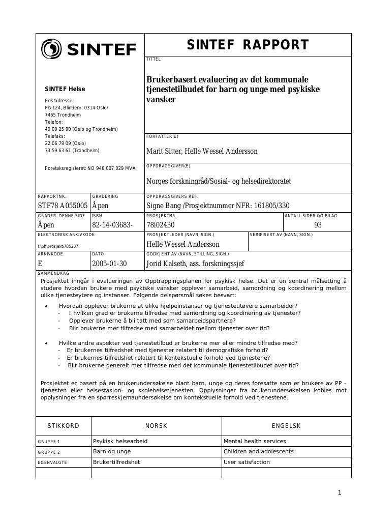Forsiden av dokumentet Brukerbasert evaluering av det kommunale tjenestetilbudet for barn og unge med psykiske vansker
