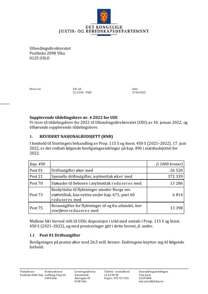 Forsiden av dokumentet Tildelingsbrev UDI 2022 - tillegg nr. 4