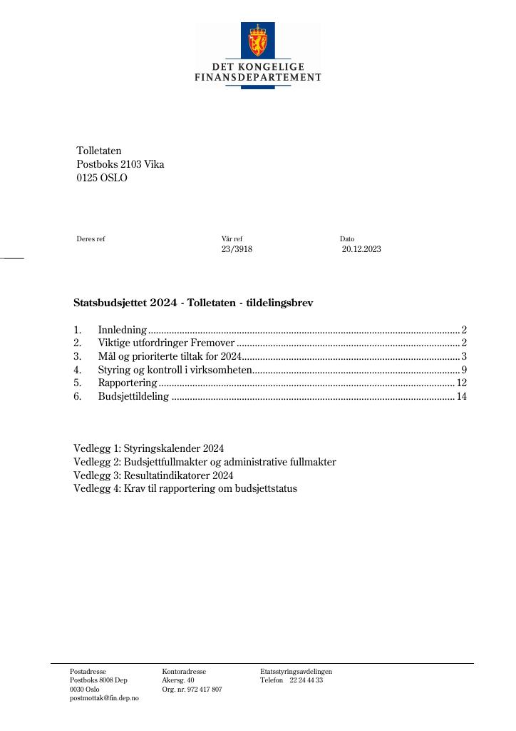 Forsiden av dokumentet Tildelingsbrev 2024