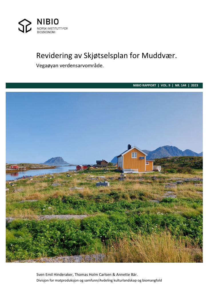 Forsiden av dokumentet Revidering av Skjøtselsplan for Muddvær. Vegaøyan verdensarvområde.