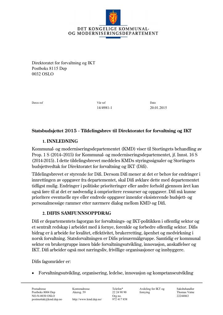 Forsiden av dokumentet Tildelingsbrev (pdf)