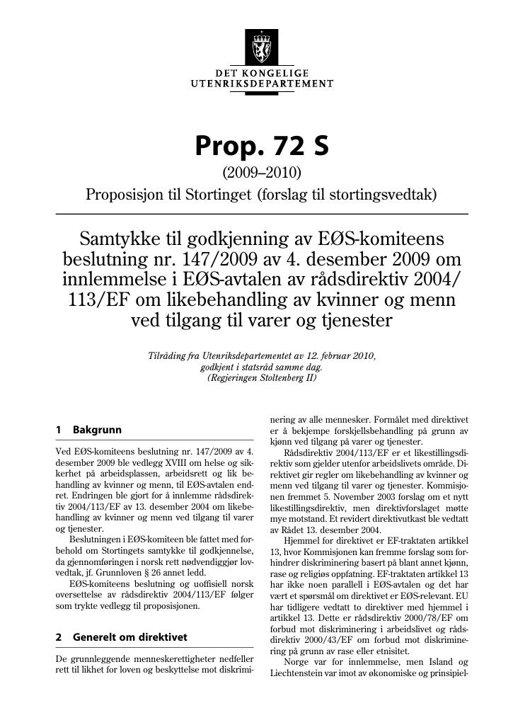 Forsiden av dokumentet Prop. 72 S (2009-2010)