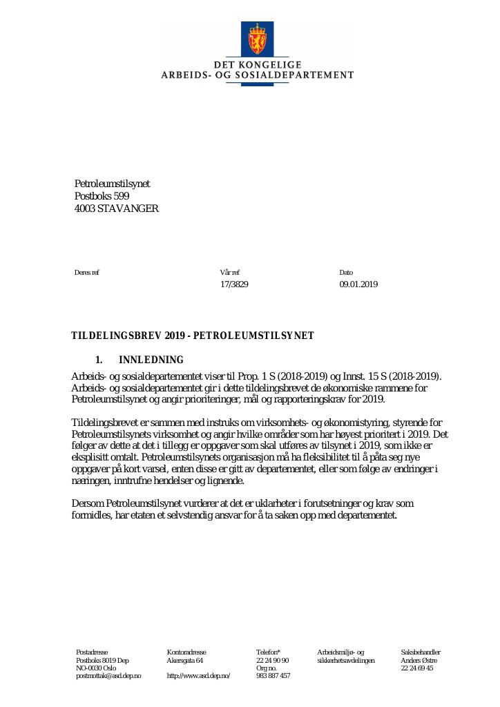 Forsiden av dokumentet Tildelingsbrev Petroleumstilsynet 2019