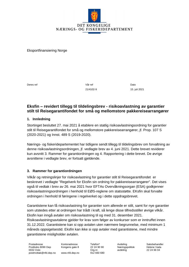 Forsiden av dokumentet Tildelingsbrev Eksportfinansiering Norge 2021 - tillegg