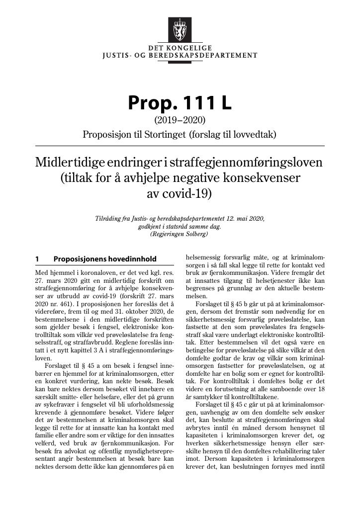 Forsiden av dokumentet Prop. 111 L (2019–2020)