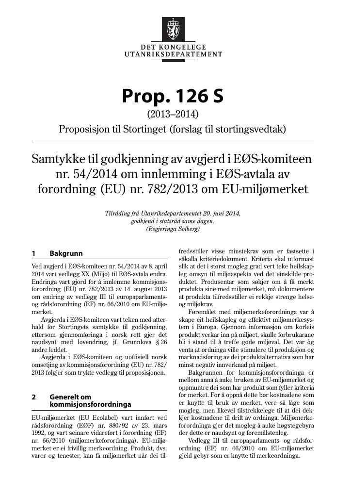 Forsiden av dokumentet Prop. 126 S (2013–2014)