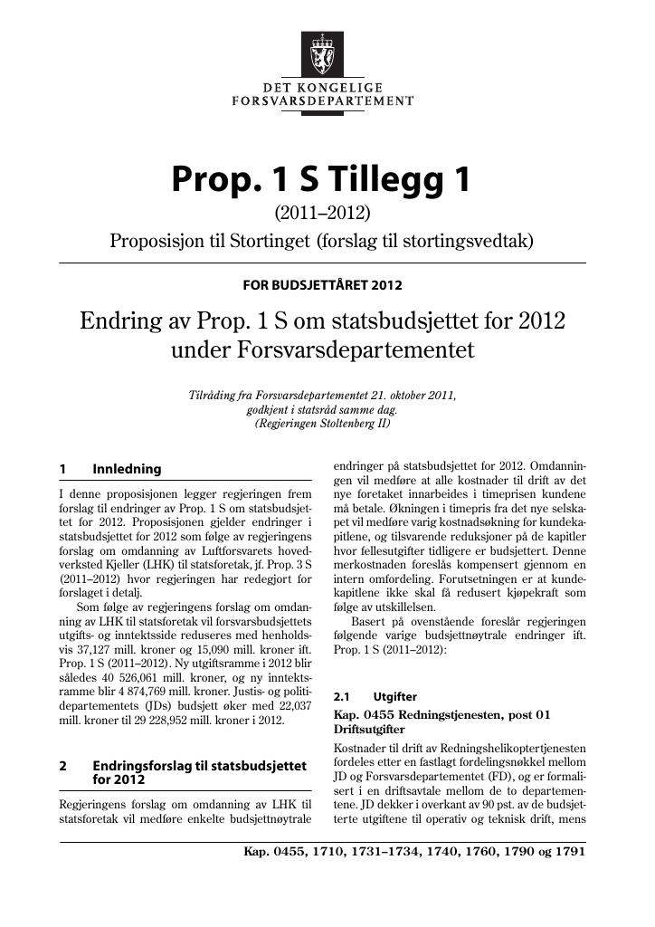 Forsiden av dokumentet Prop. 1 S Tillegg 1 (2011–2012)