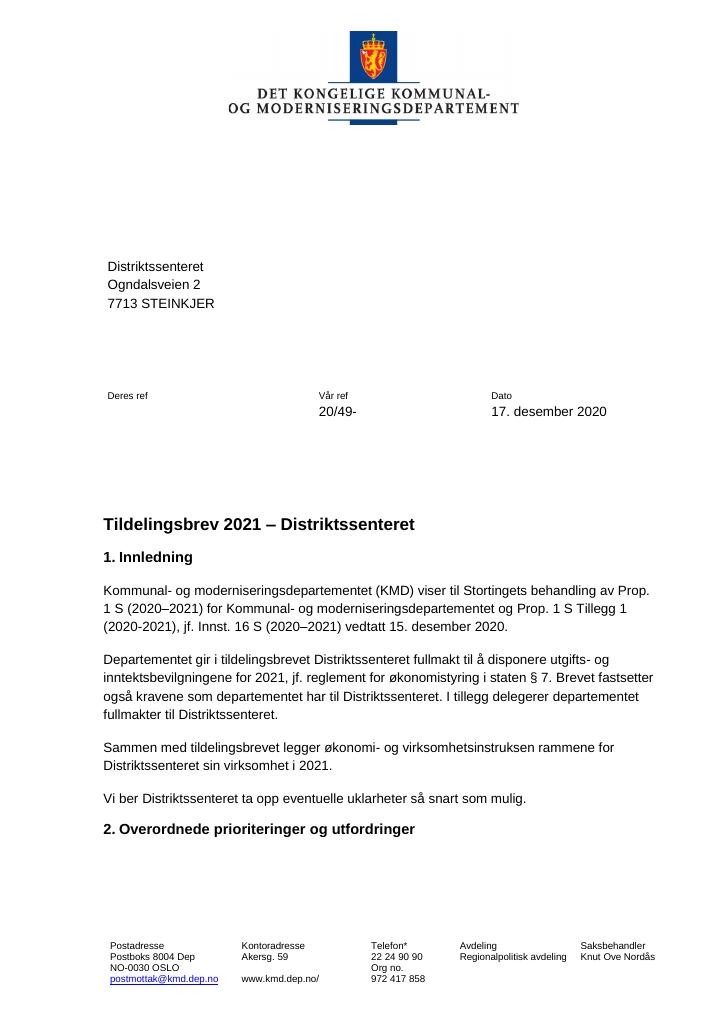 Forsiden av dokumentet Tildelingsbrev Distriktssenteret 2021
