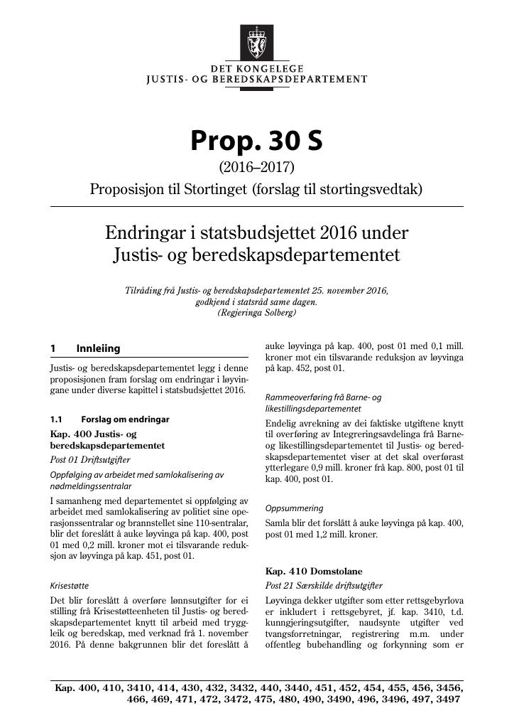 Forsiden av dokumentet Prop. 30 S (2016–2017)