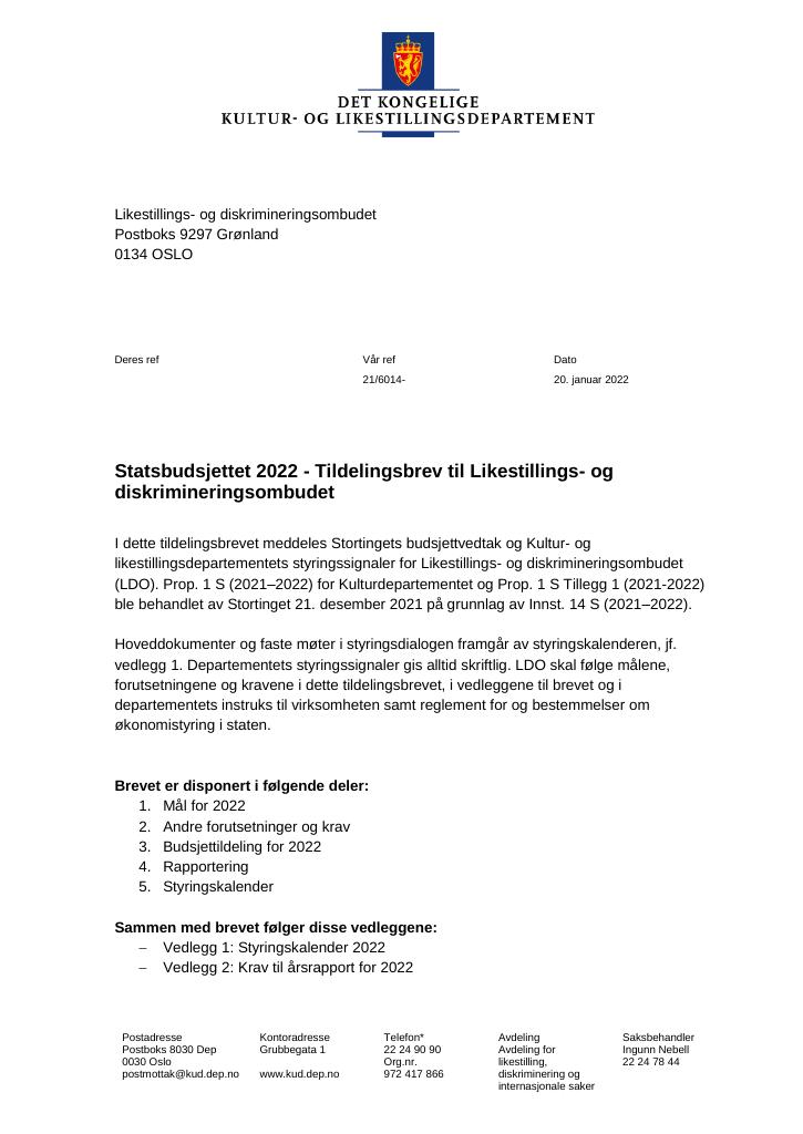 Forsiden av dokumentet Tildelingsbrev Likestillings- og diskrimineringsombudet 2022