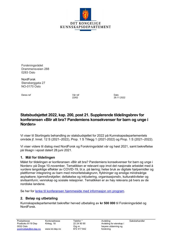 Forsiden av dokumentet Tildelingsbrev Forskningsrådet 2022 - tillegg nr. 2