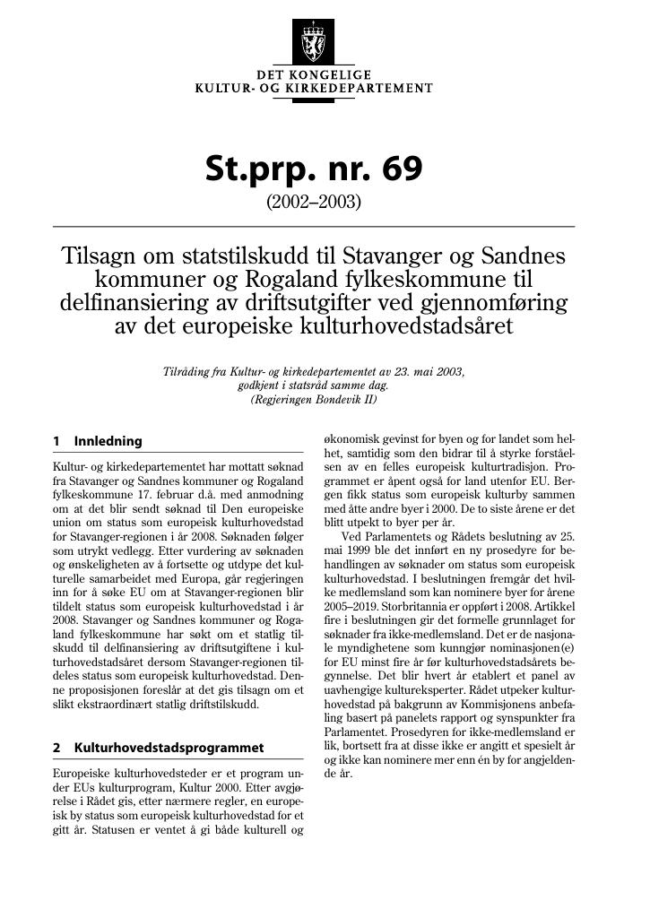 Forsiden av dokumentet St.prp. nr. 69 (2002-2003)