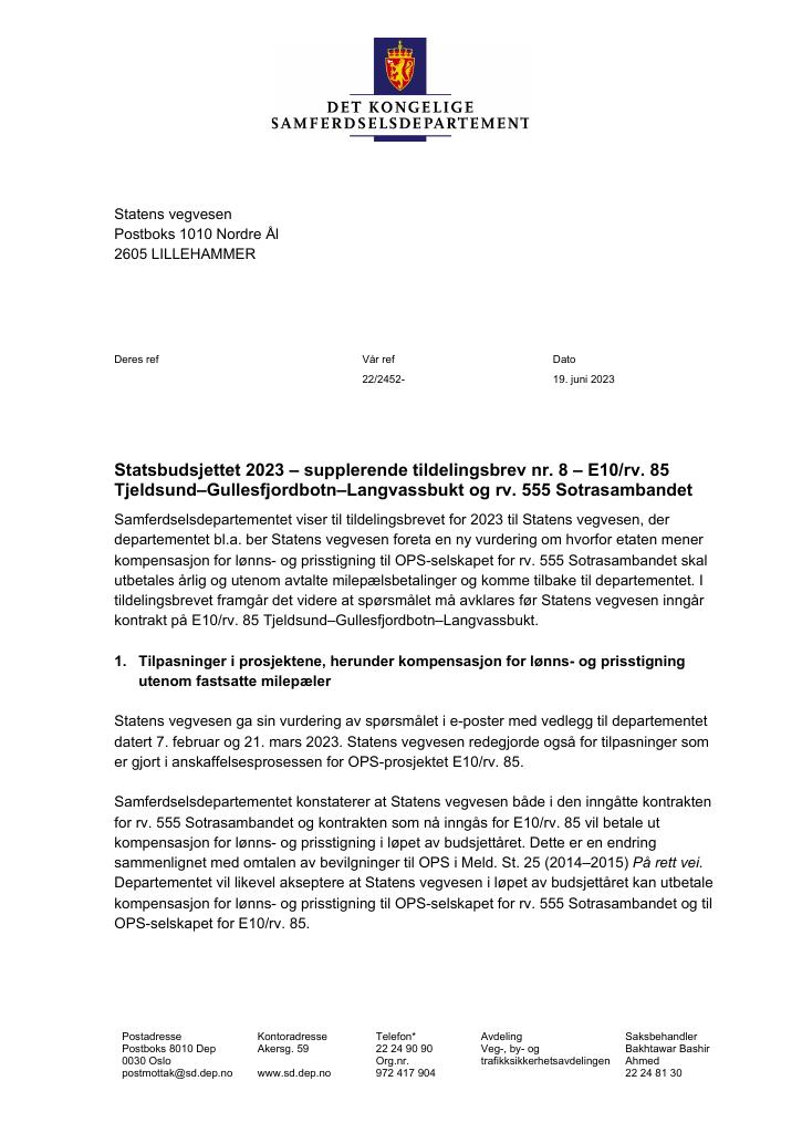 Forsiden av dokumentet Tildelingsbrev Statens vegvesen 2023 - tillegg nr. 8