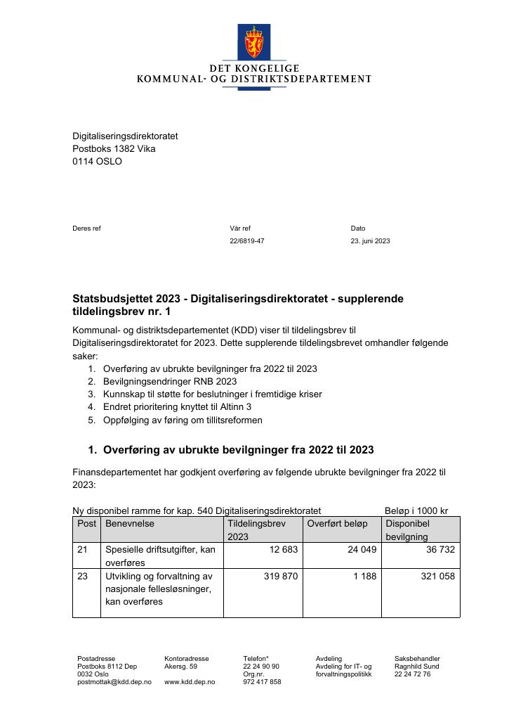 Forsiden av dokumentet tilleggsbrev 1(pdf) 2023