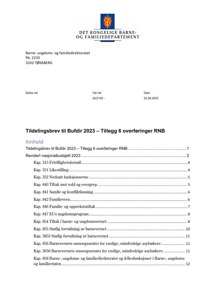 Forsiden av dokumentet Tildelingsbrev Bufdir 2023 - tillegg nr. 6