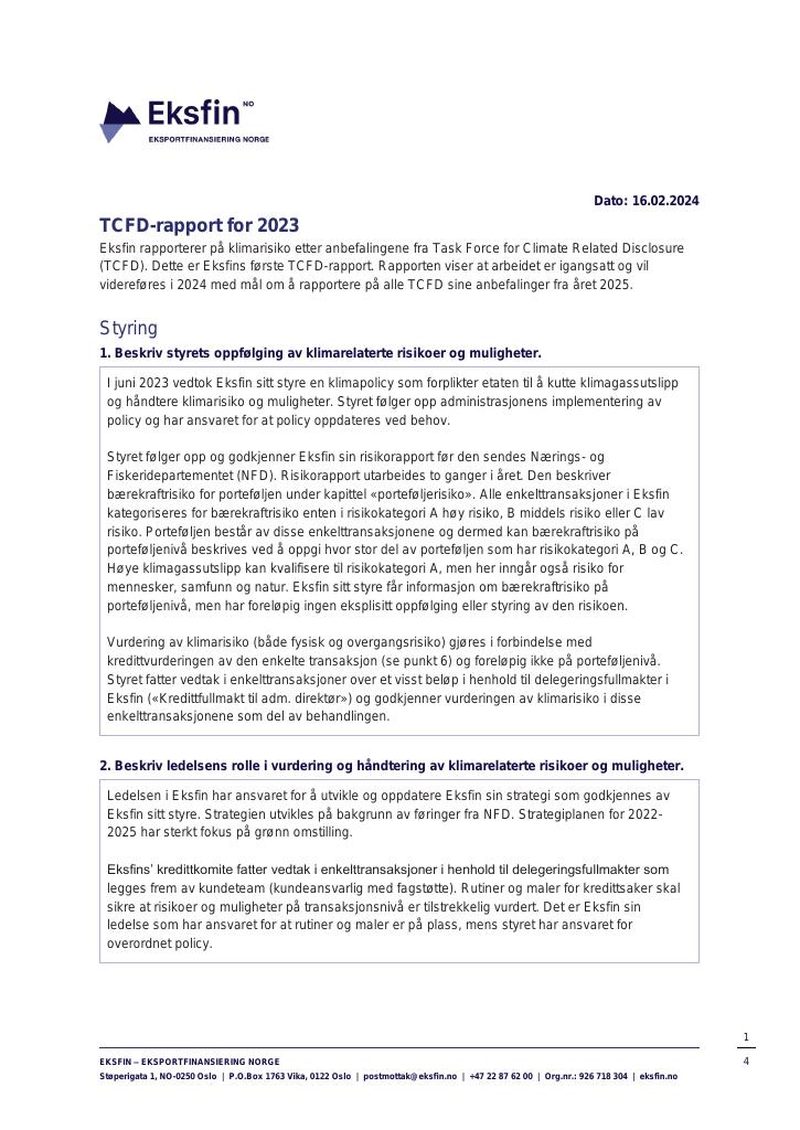 Forsiden av dokumentet TCFD-rapport for 2023