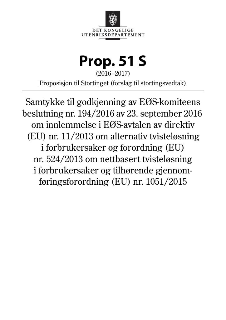 Forsiden av dokumentet Prop. 51 S (2016–2017)