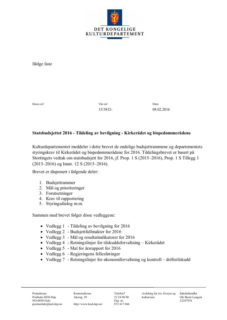 Forsiden av dokumentet Tildelingsbrev Kirkerådet og bispedømmerådene(.pdf)