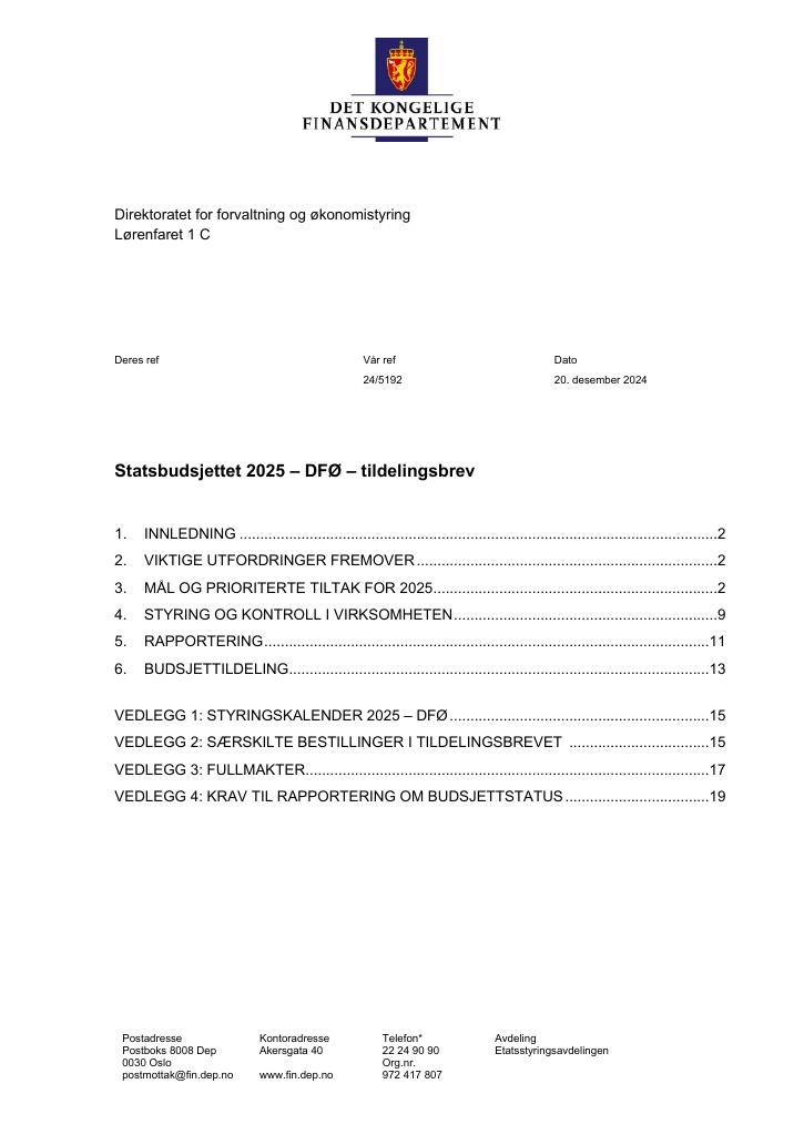 Forsiden av dokumentet Tildelingsbrev Direktoratet for forvaltning og økonomistyring 2025