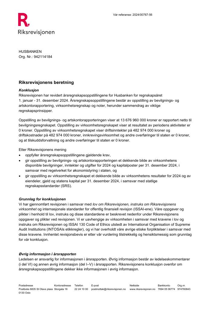 Forsiden av dokumentet Revisjonsberetning Husbanken 2024