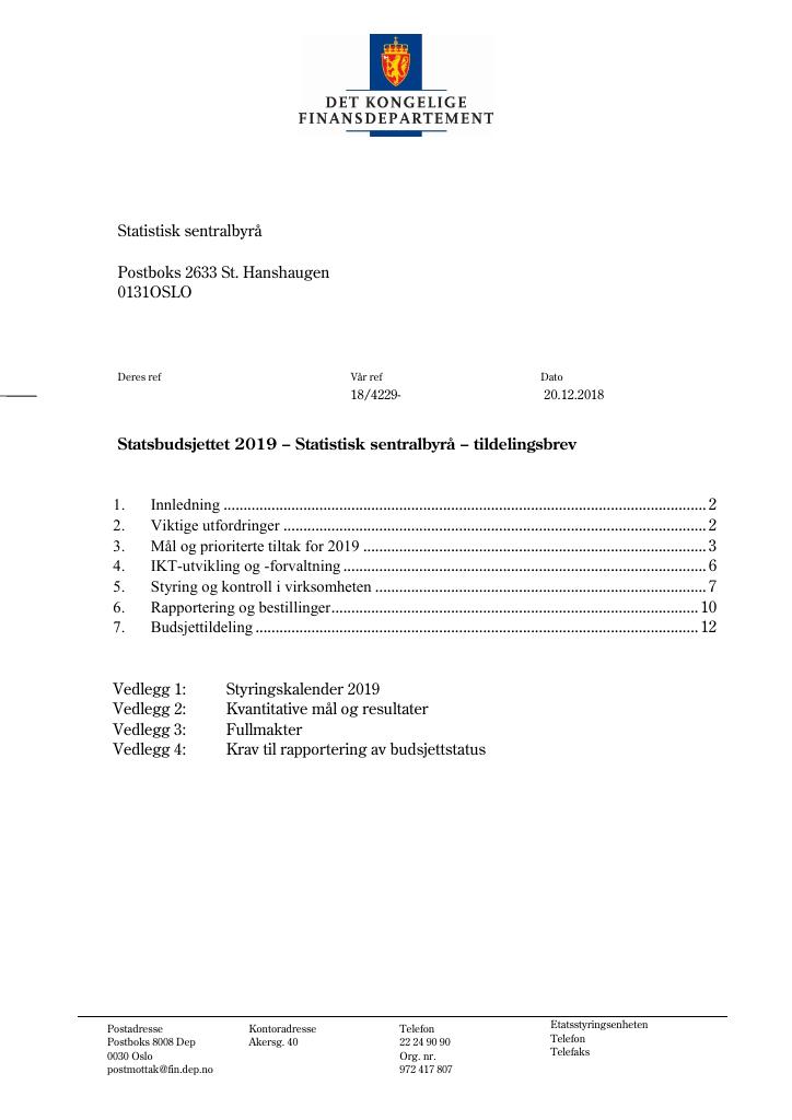 Forsiden av dokumentet Tildelingsbrev Statistisk sentralbyrå 2019