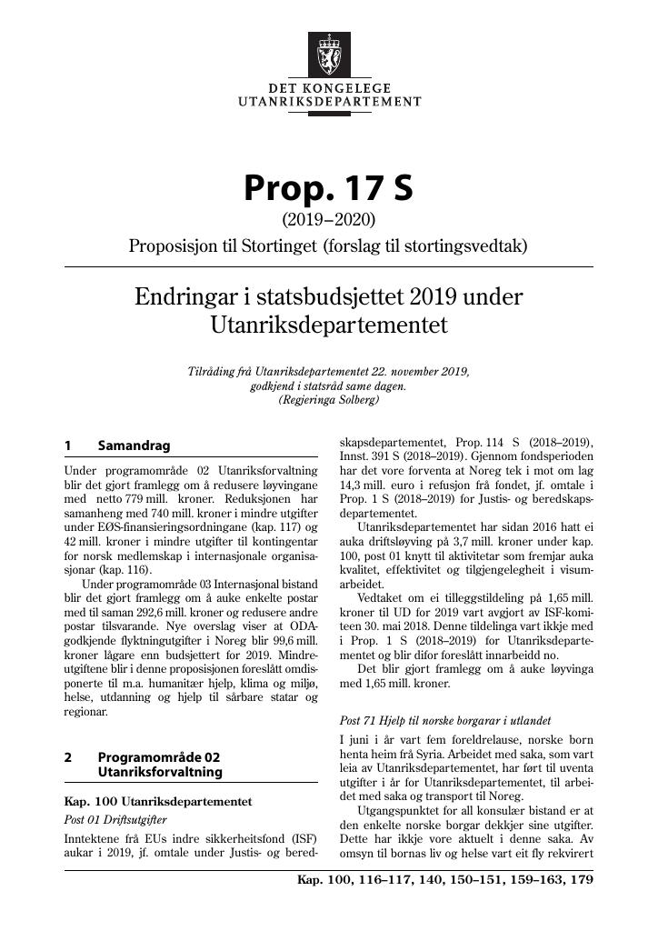 Forsiden av dokumentet Prop. 17 S (2019–2020)