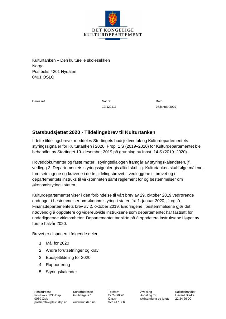 Forsiden av dokumentet Tildelingsbrev Kulturtanken 2020