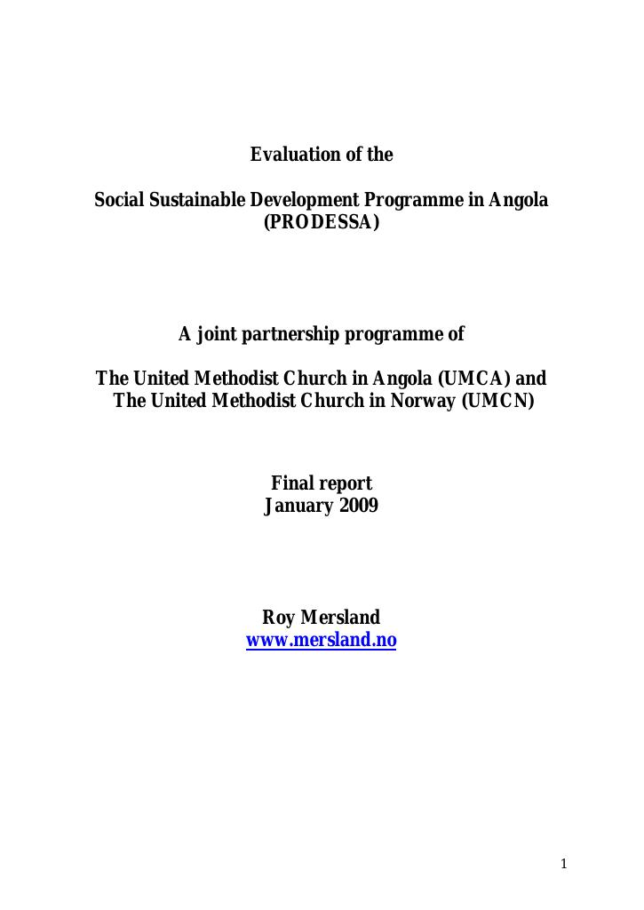 Forsiden av dokumentet Evaluation of the Social Sustainable Development Programme in Angola (PRODESSA)