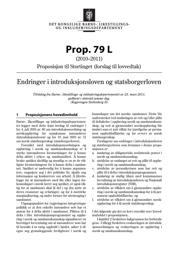 Forsiden av dokumentet Prop. 79 L (2010–2011)