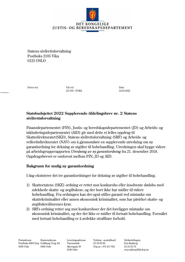 Forsiden av dokumentet Tildelingsbrev Statens sivilrettsforvaltning 2022 - tillegg nr. 2