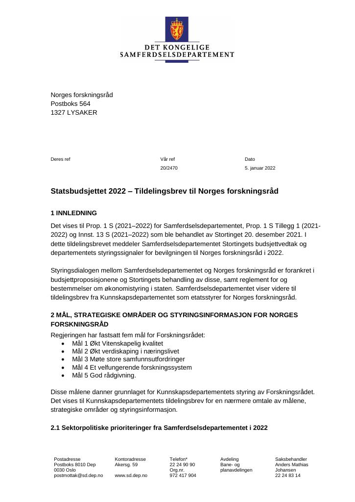 Forsiden av dokumentet Tildelingsbrev Norges forskningsråd 2022