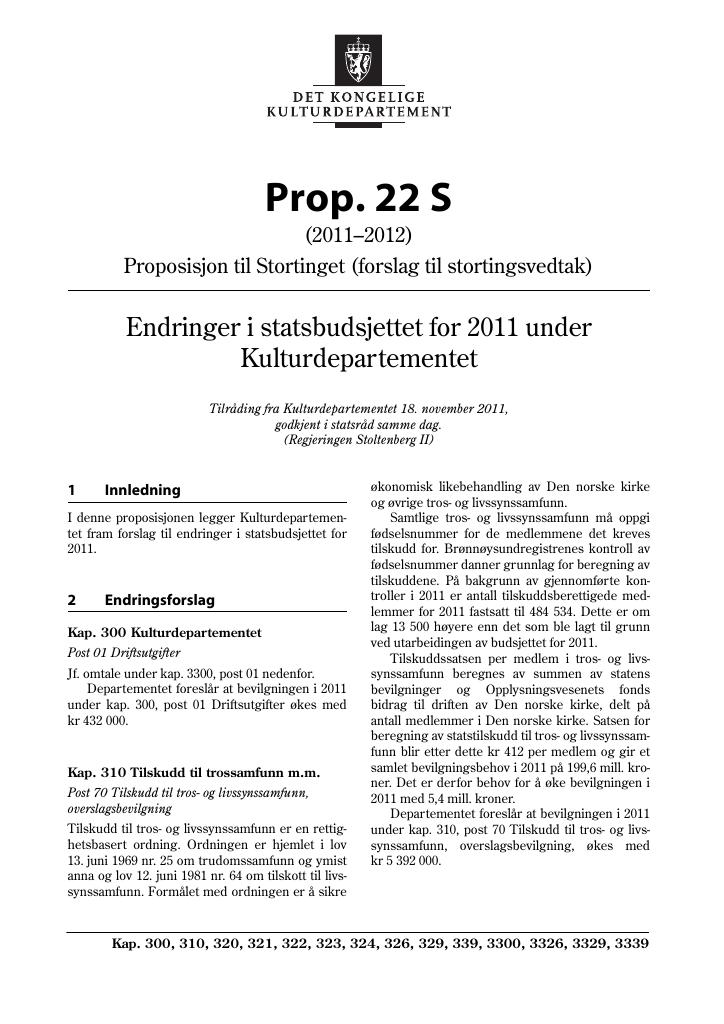 Forsiden av dokumentet Prop. 22 S (2011–2012)