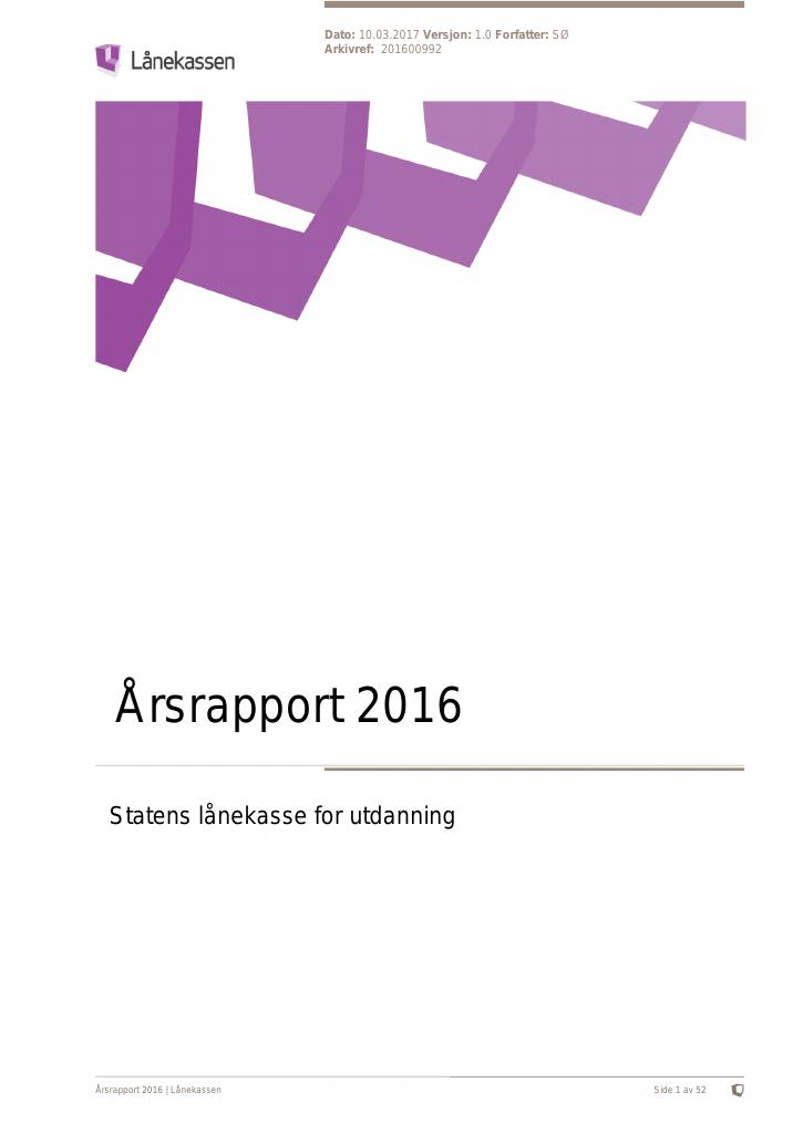 Forsiden av dokumentet Årsrapport Lånekassen 2016