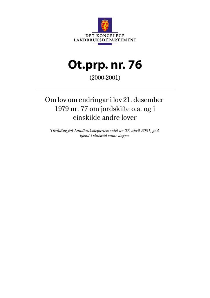 Forsiden av dokumentet Ot.prp. nr. 76 (2000-2001)