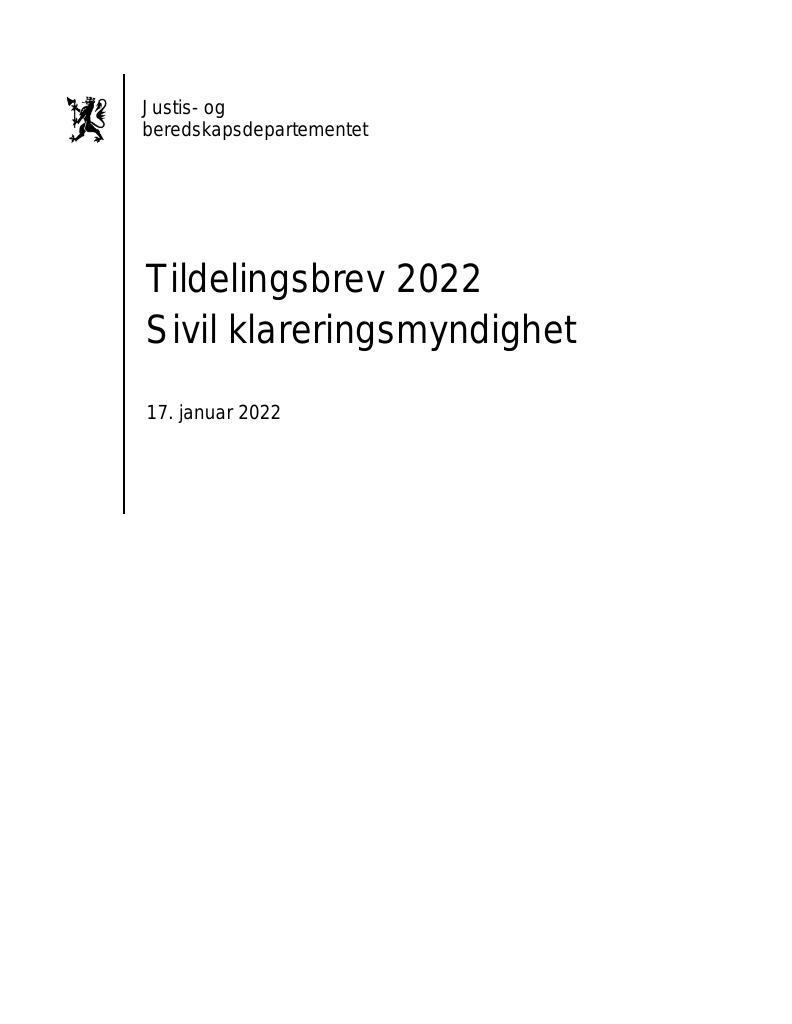 Forsiden av dokumentet Tildelingsbrev Sivil klareringsmyndighet 2022