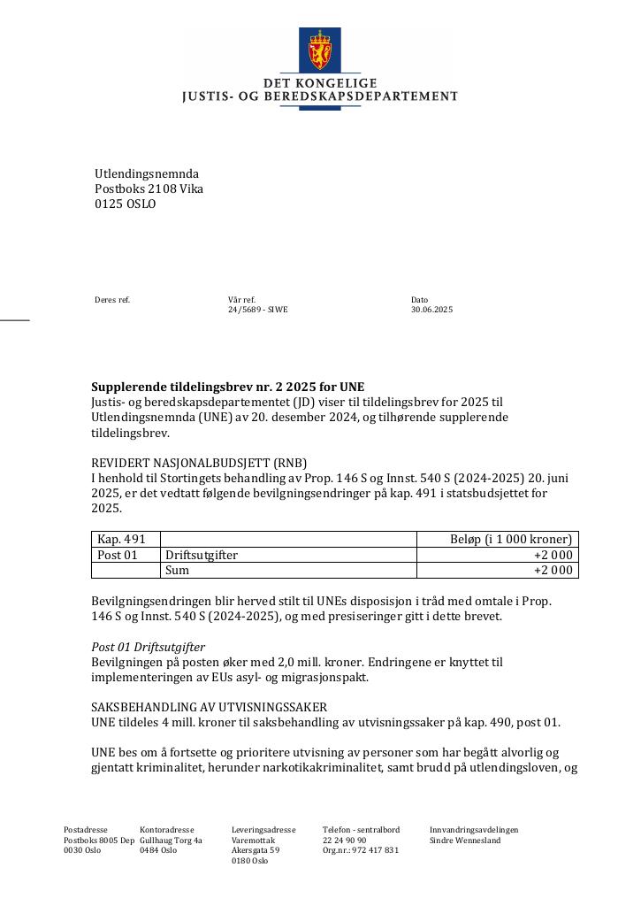 Forsiden av dokumentet Tildelingsbrev Utlendingsnemnda 2025 - tillegg nr. 2