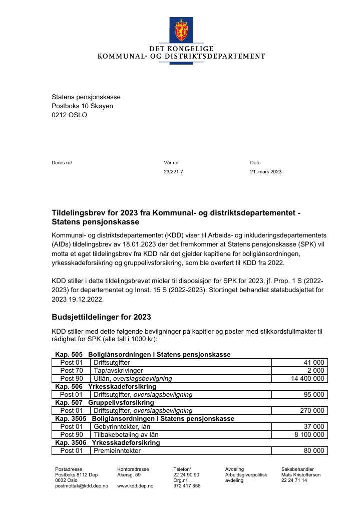 Forsiden av dokumentet Tildelingsbrev Statens Pensjonskasse 2023.