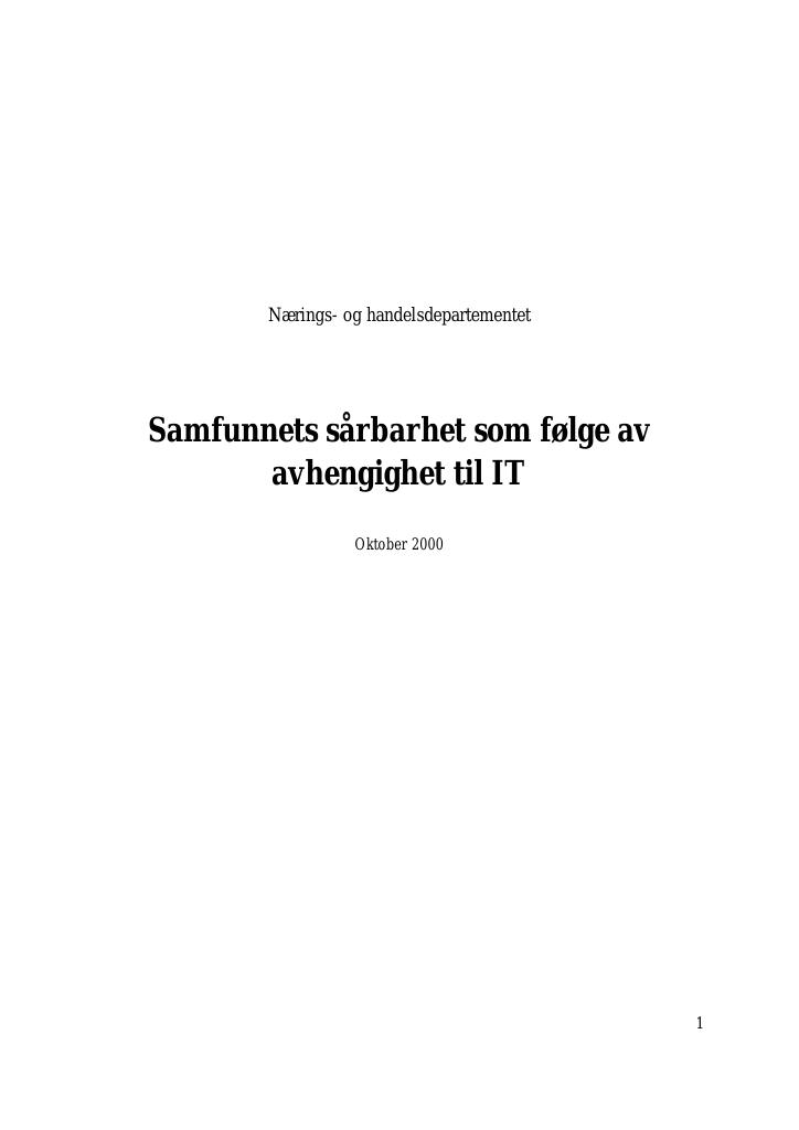 Forsiden av dokumentet Samfunnets sårbarhet som følge av avhengighet til IT