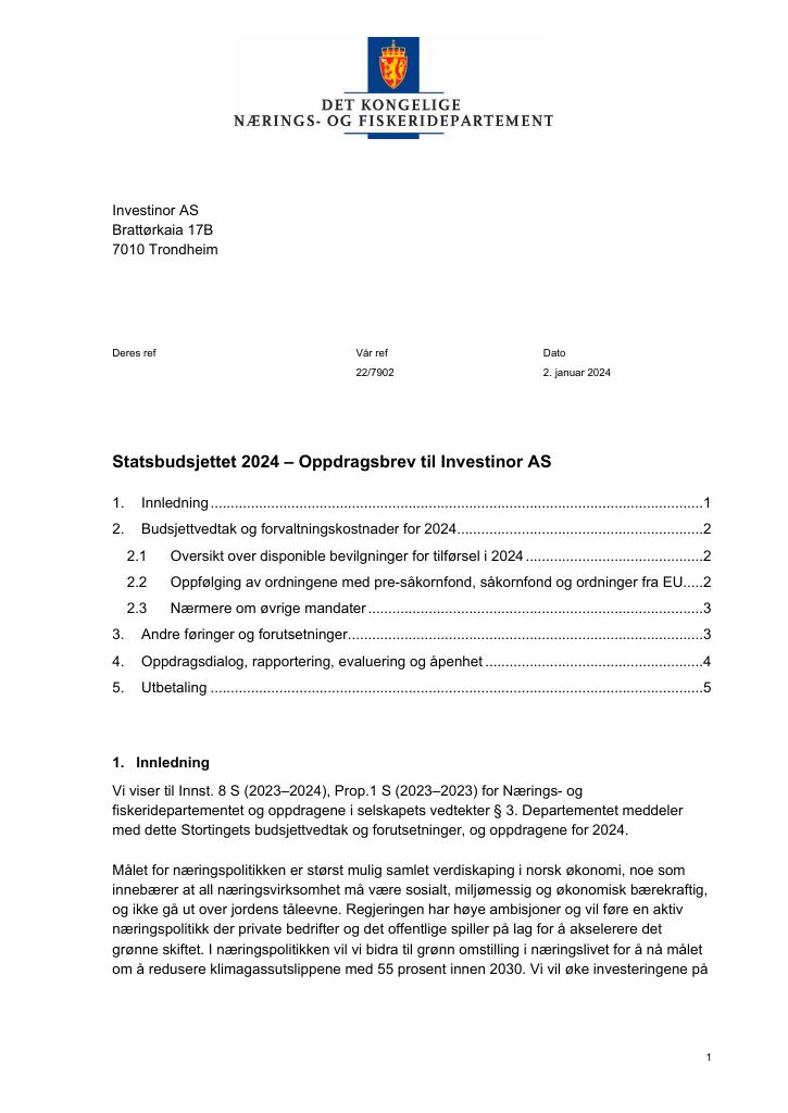 Forsiden av dokumentet Oppdragsbrev 2024 til Investinor AS